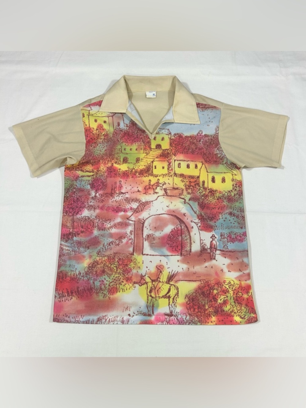 Vtg 70s JCPenney Mens XL S/S Polo Shirt Scenic Landscape Novelty Print Polyester